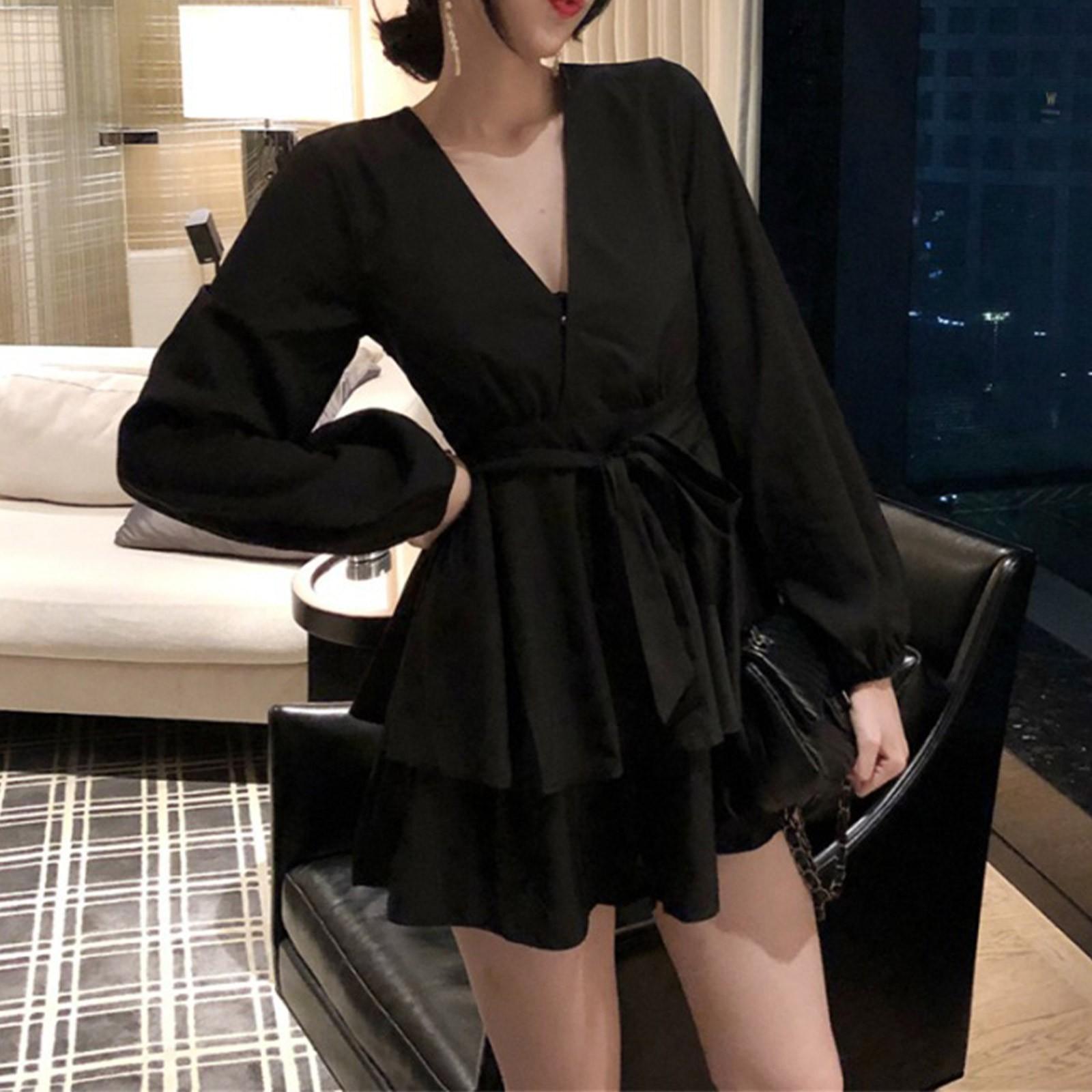 

Женское свободное платье с завышенной талией, V-образным вырезом и длинными рукавами, однотонная юбка трапециевидной формы M чёрный