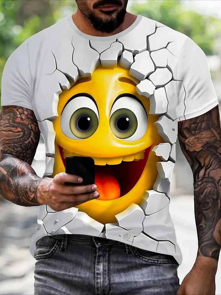 2025 Neues Hip Hop Smiley Gesicht 3D-gedrucktes Herren Alltags-T-Shirt - Rundhals, Street Casual Großes Lockeres T-Shirt