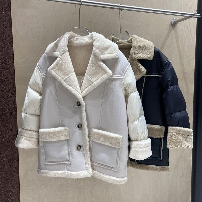 New European winter fashion loose thickened fur splicing lamb wool suit collar down jacket women