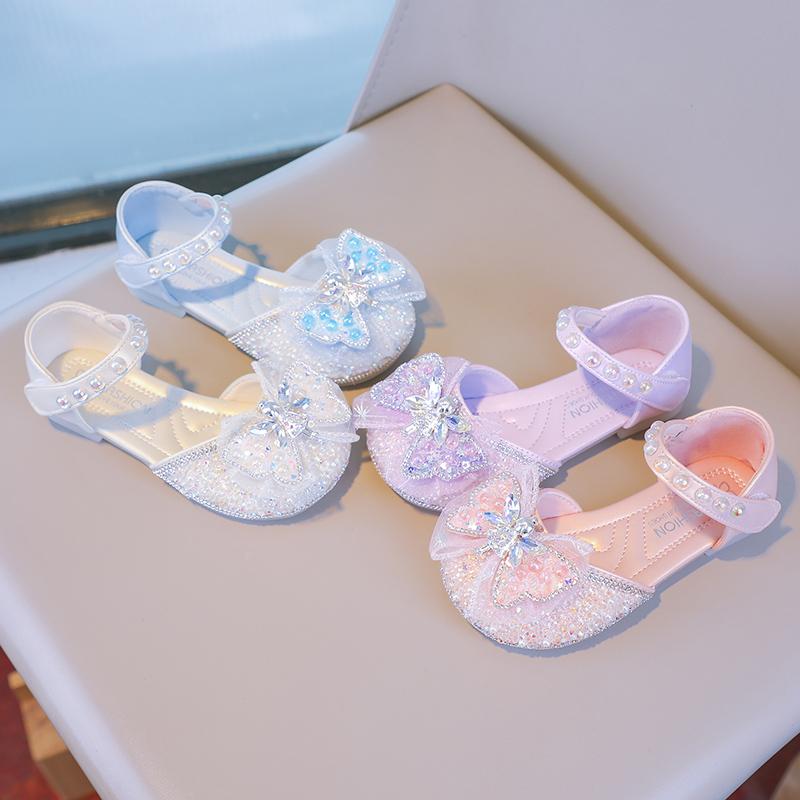 Girls Princess Shoes Mesh Lace Bow Kids Half Sandals Beauty Crystal Fairy Style 2025 New Girls Dance Shoes for Party Wedding