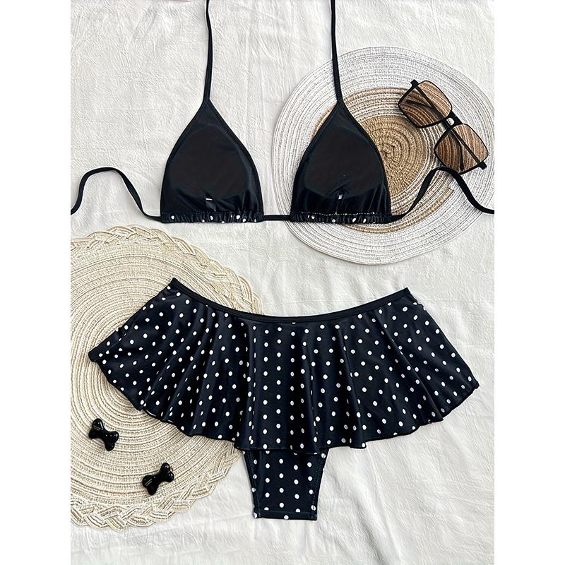 Set Bikini Estivo Sexy a Pois da Donna Costume da Bagno a Fascia Triangolare con Bordi Arricciati Nodo Costume Due Pezzi