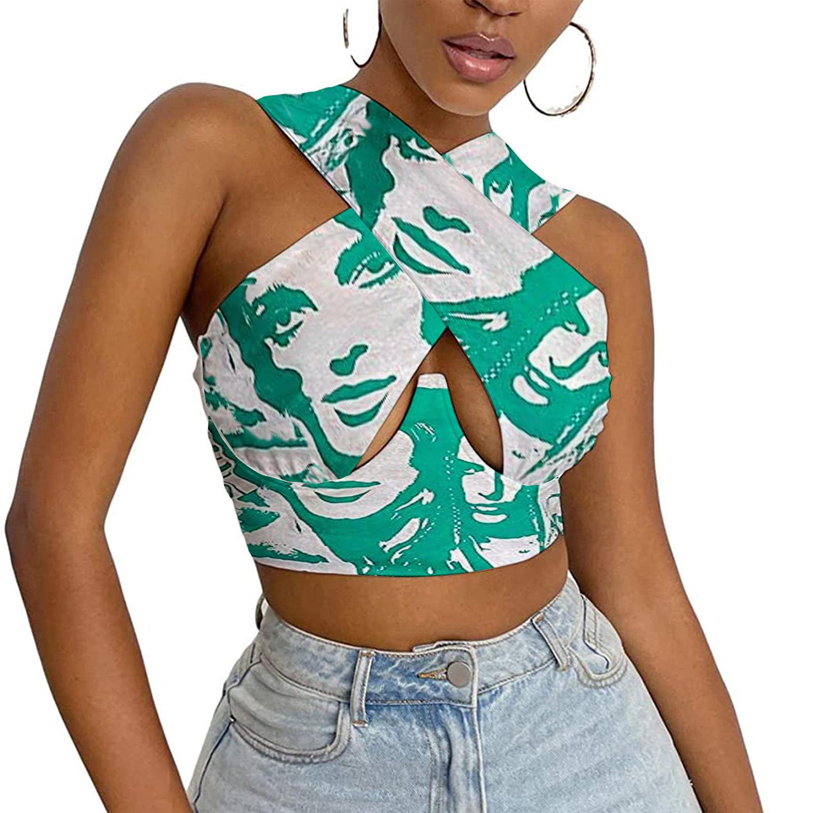 

Women Strappy Cross Over Front Cut Out Halter Neck Sleeveless Backless Crop Top Printed Vest Summer Sexy Tops Woman Clothes M зелений