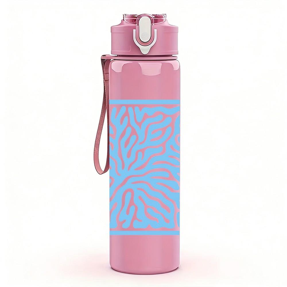 1PC Blue Fern Leaf Line Art Pattern 750ml Color Plastic Sports Water Bottle Leakproof Flip Straw Lid Suitable for Sports Office Home Use