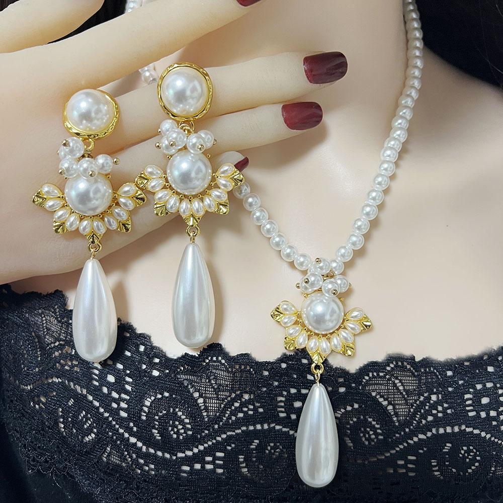 Wassertropfen Perlen Anhänger Halskette Hängende Ohrringe, Leichter Luxus Retro Design Schmuckset, Accessoires für Damen Braut Hochzeitsbankett Kleid