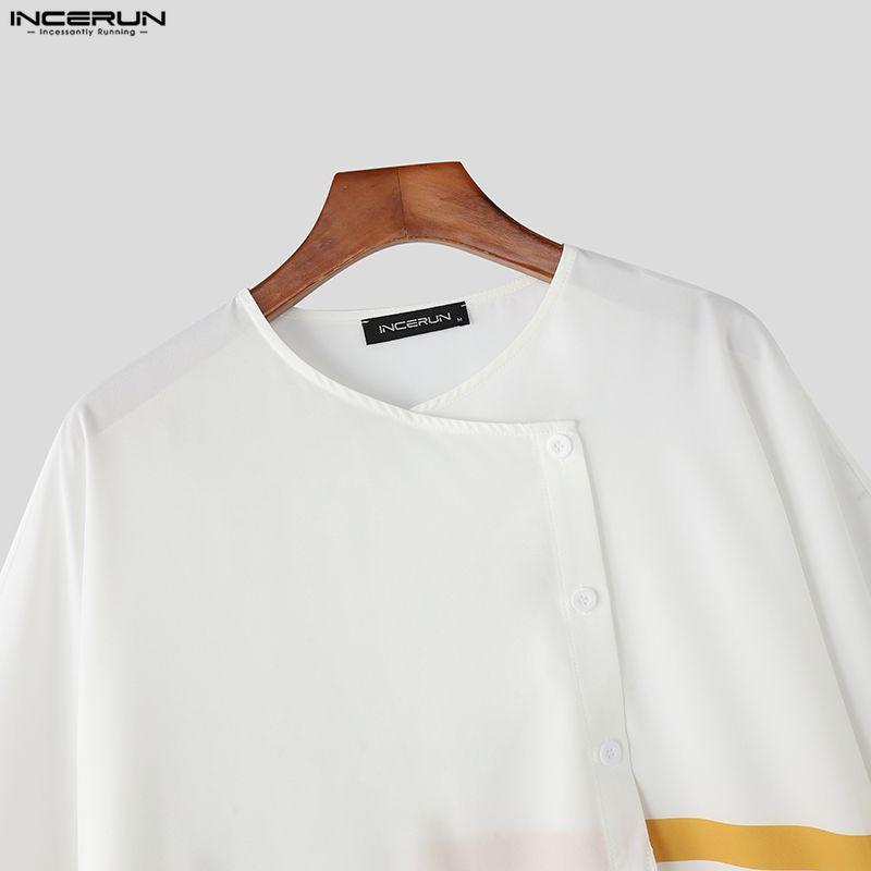 INCERUN Oversized Men Casual Loose 3/4 Sleeve Splits Irregular Front Cross Striped Print T-Shirts Tops