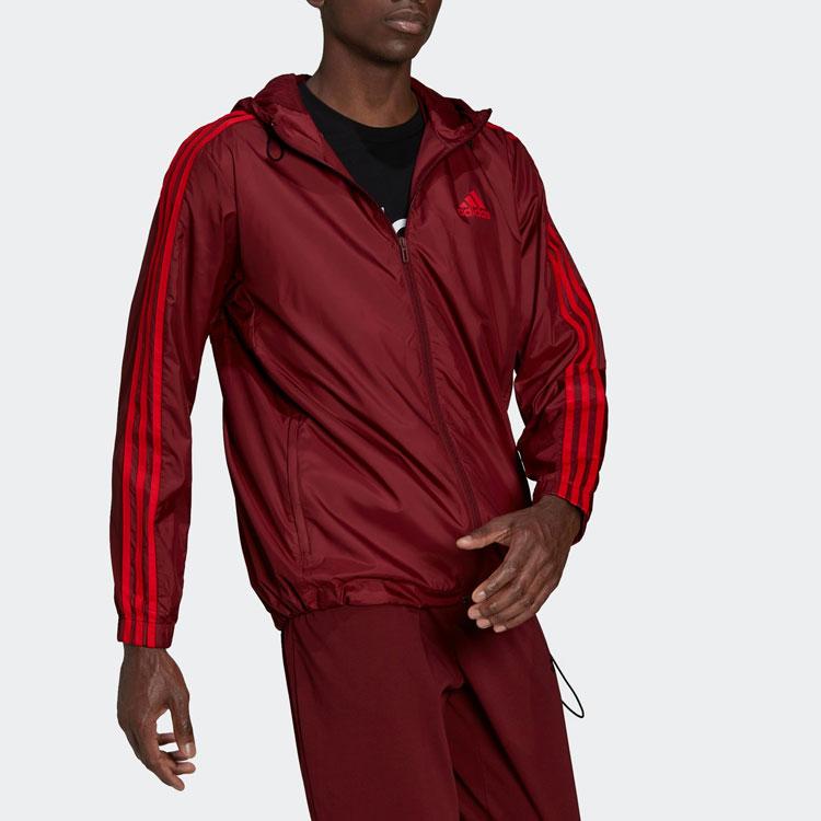 Adidas Striped Logo Print Sports Casual Hooded Jacket Men Outerwear Burgundy HE4319