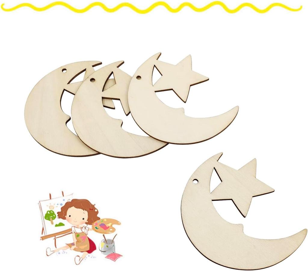 24/48 PCS Wooden Moon & Star Ornaments – DIY Hanging Decor with Hemp Rope for Wedding, Christmas, Birthday & Anniversary