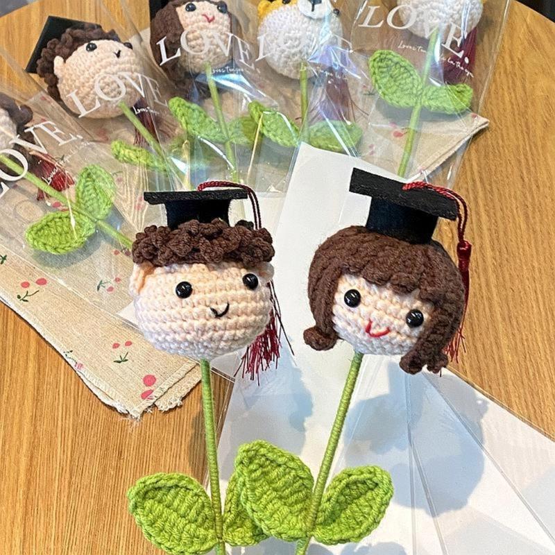 Soft Yarn Crochet Boy/Girl/Dog Flower Bouquet with Graduation Hat Academic Achievement Gift for Students and Teachers