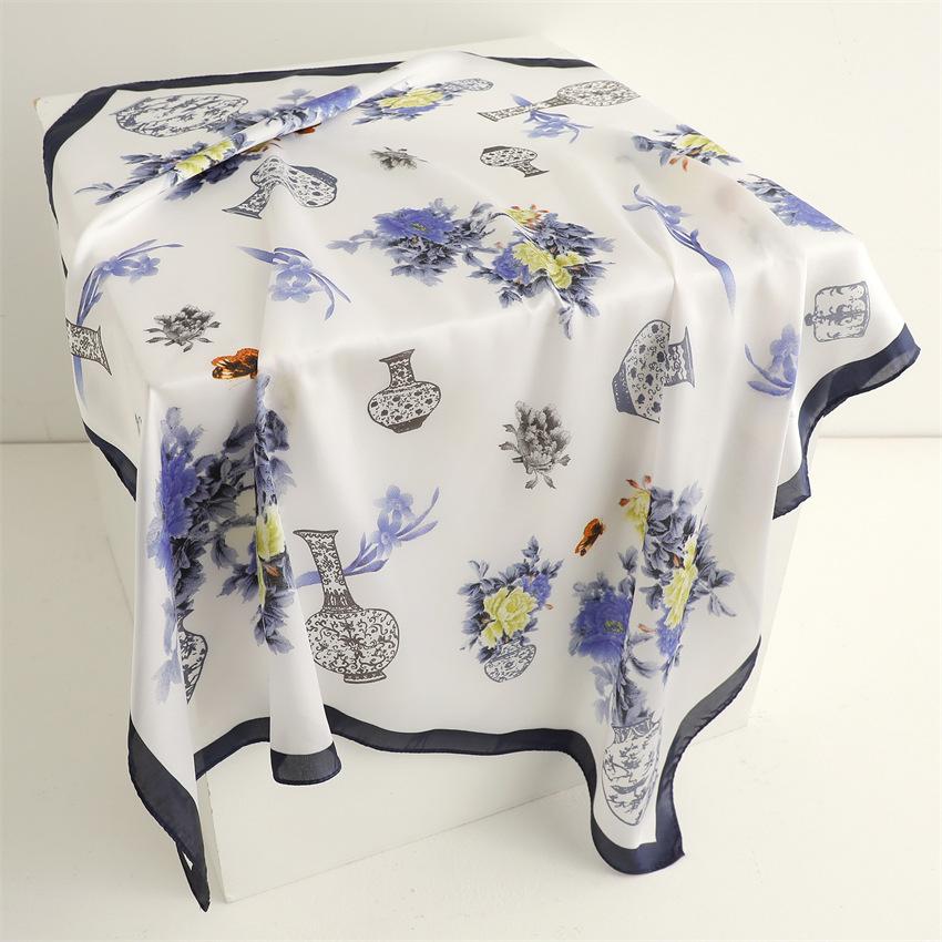 Blue and white porcelain plain silk scarf sunscreen shawl national style fashion scarf imitation silk 71cm square scarf professional scarf women