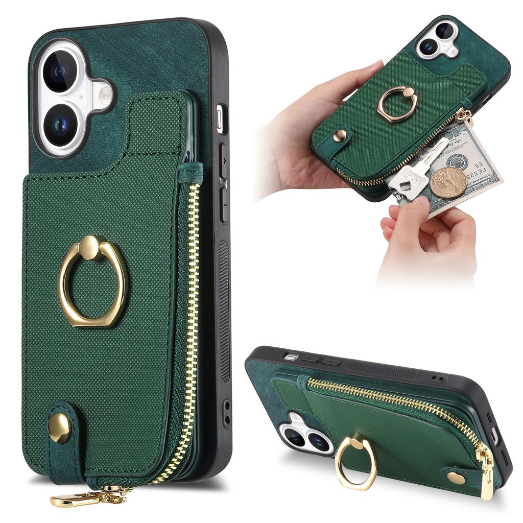 For iPhone 16 Plus Case Zipper Pocket Kickstand Leather Phone Back Cover