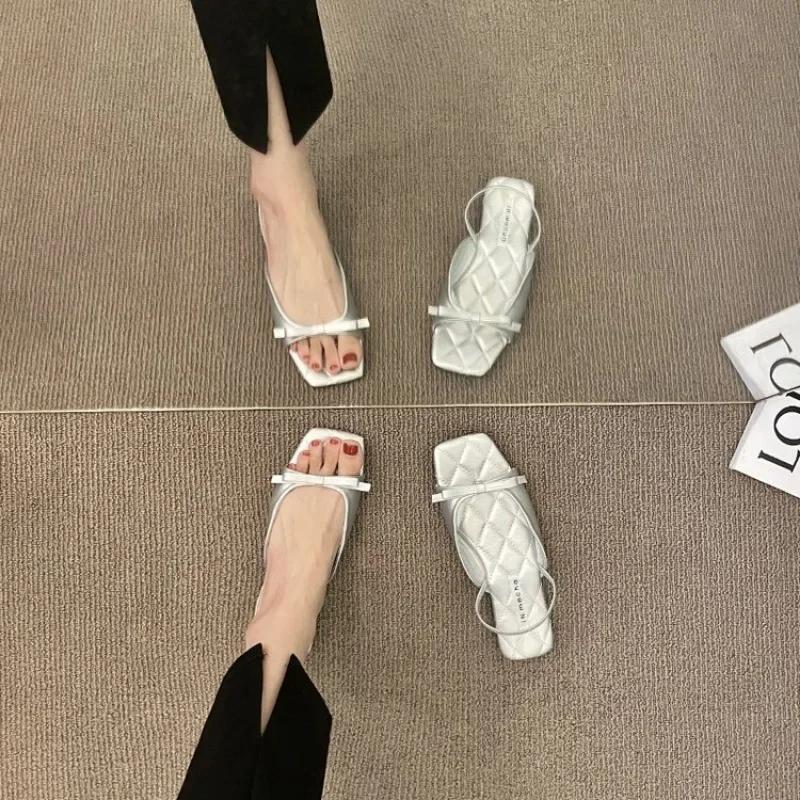 Summer New Women's Slippers Open Toe Square Toe 2024 Brand Shoes for Women Daily Bow Tie Flat Outdoor Women's Slippers Chinelos