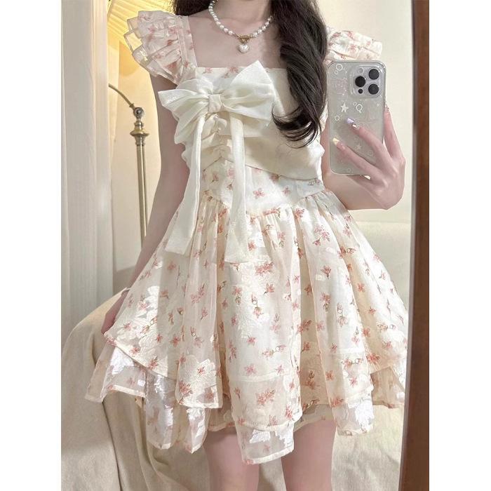 Sweet & Spicy Floral Bowknot Waist-Cinched Summer Dress with Flutter Sleeves Small