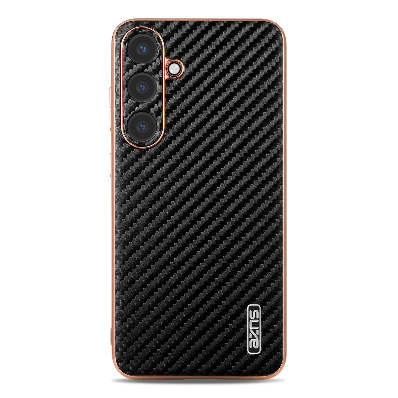 

For Samsung Galaxy S25+ Case Electroplating Carbon Fiber Texture PU+TPU Phone Cover Brown