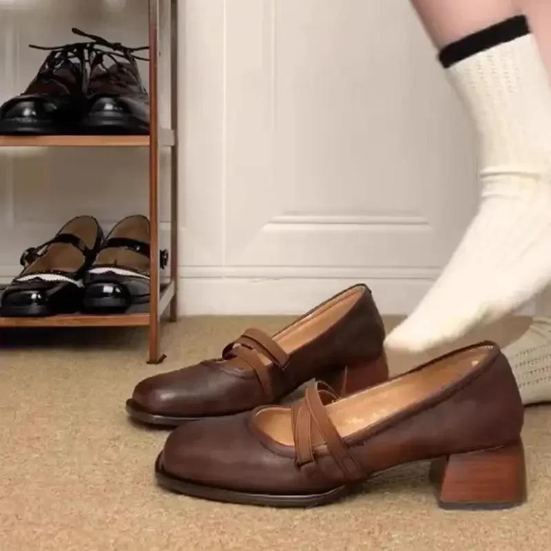 French Evening Style Loafers Versatile Women's Shoes Brown Thick Heel High Heel Shoes Small Leather Summer Season