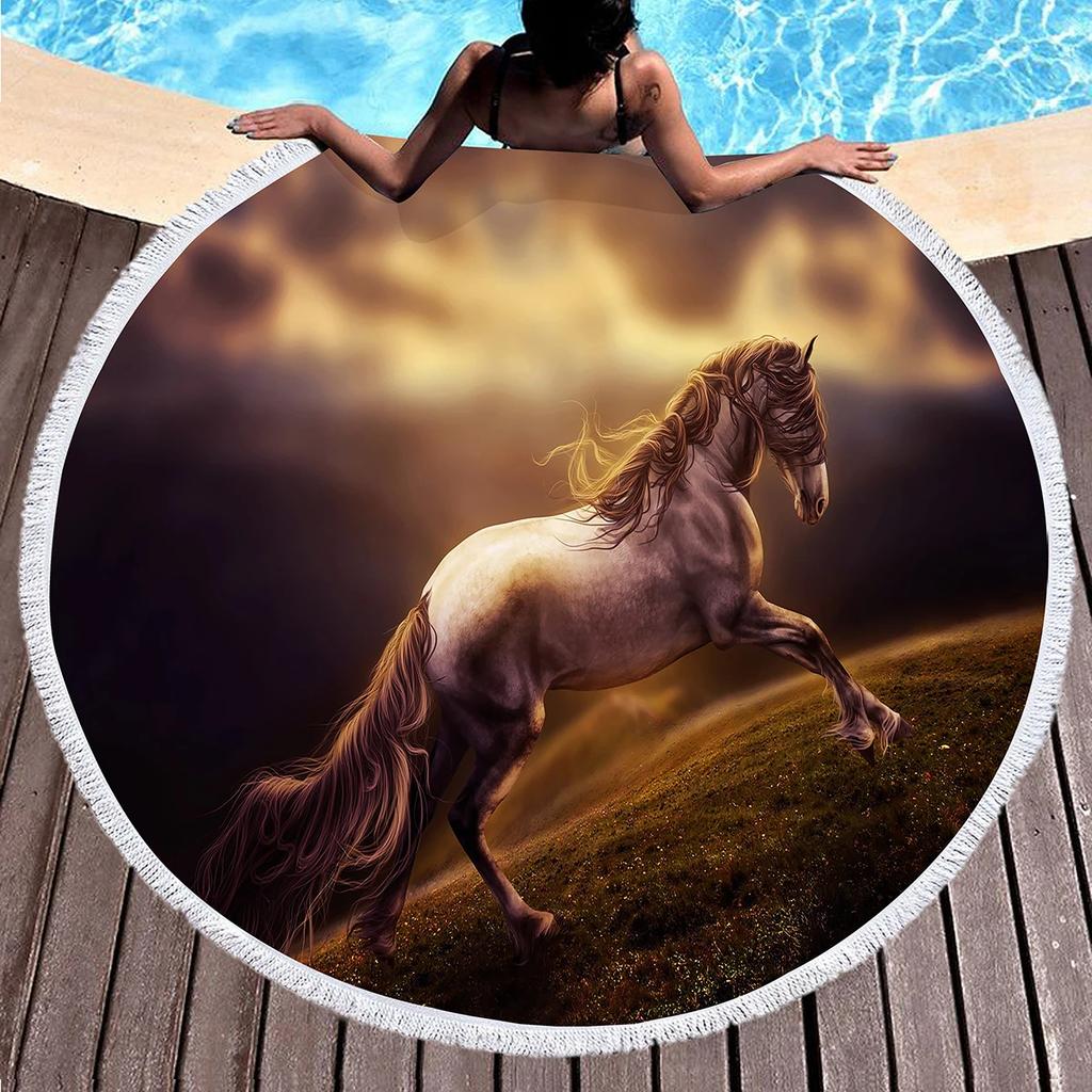 Horse Round Beach Towel,Wild Horse Beach Blanket Shawl Soft Microfiber Cowboys Western Farmhouse Rustic Theme Towel For Picnic