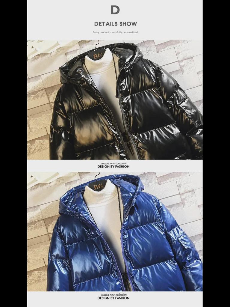 Men's 2023 Winter Fashion: Thick Shiny Puffer Coat with Velvet, Large Size.