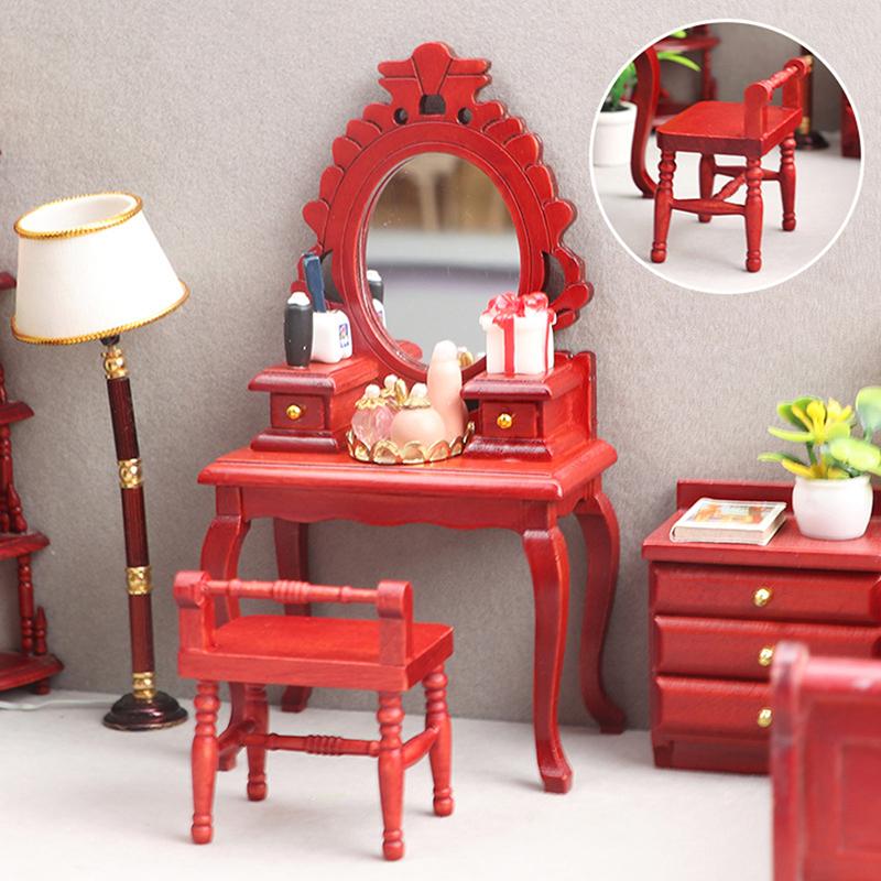 1:12 Dollhouse Miniature Wooden Makeup Dressing Table With Stool Dressing Cabinet Storage Cabinet Dolls Bedroom Bathroom Furniture Decor