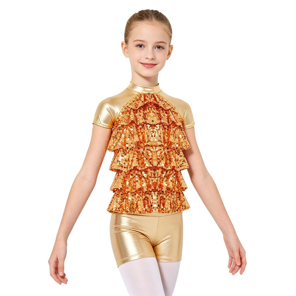 Girls Jazz Dance Costume Mock Neck Short Sleeve Tiered Ruffle Cutout Top Metallic High Waist Shorts Set
