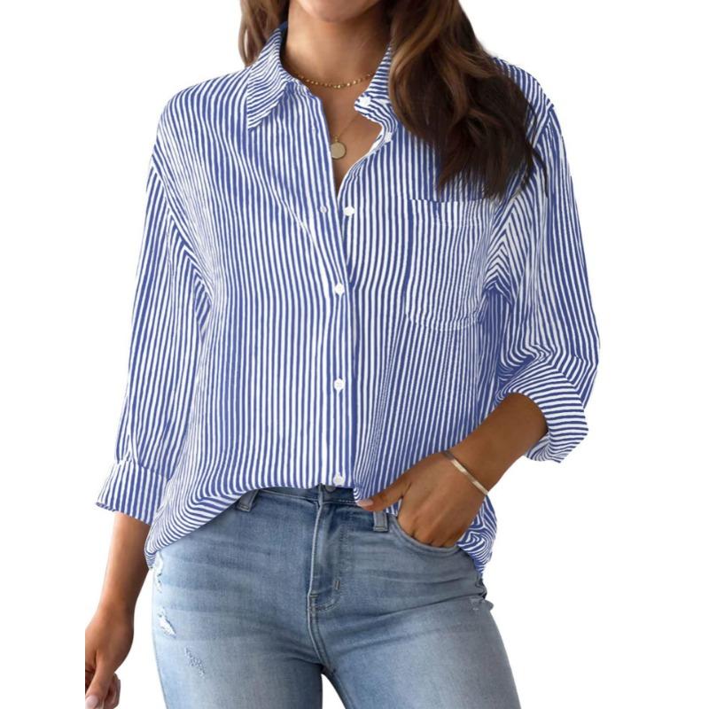 Spring Autumn New Printed Striped Casual Shirts Women Loose Cardigan Top Fashion Long Sleeve Office Blouse Woman Simple Vintage Lapel Pocket Clothes