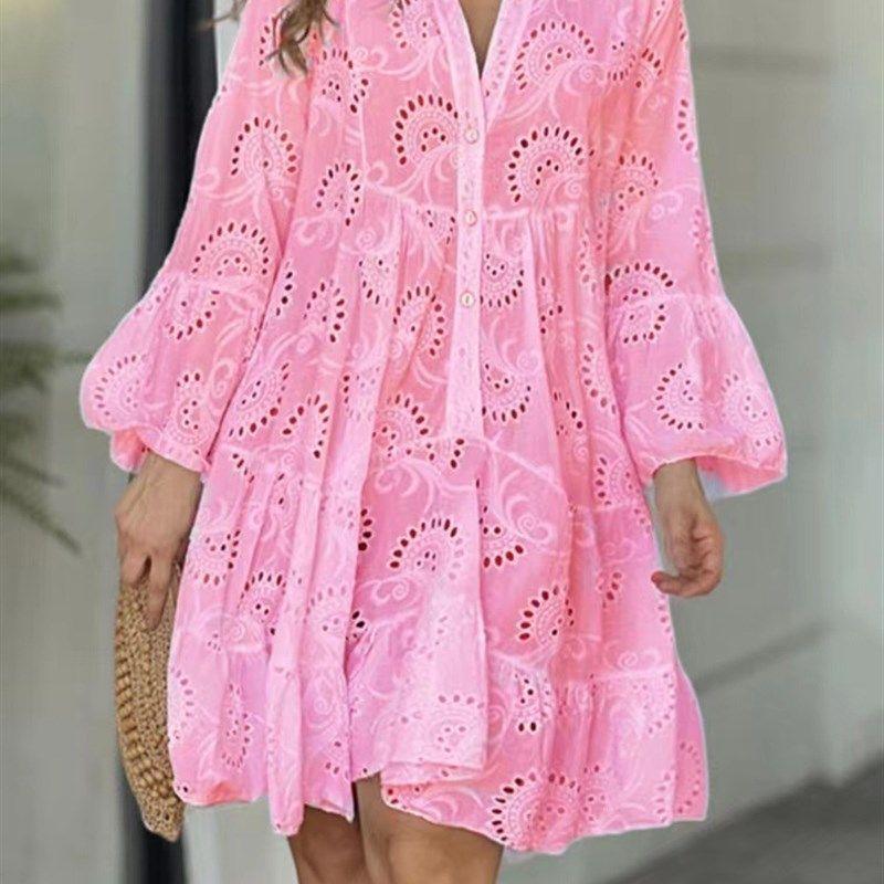 Cross Border Solid V-neck Embroidered Hollow Lace Dress