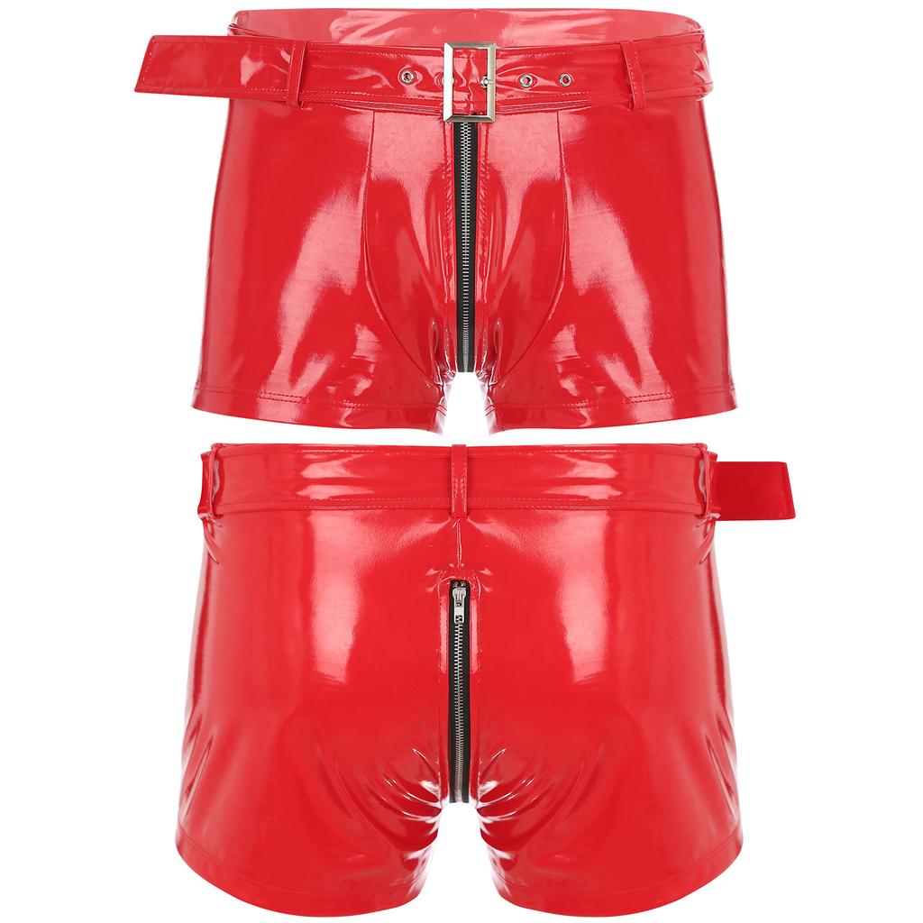 Men Latex Boxer Shorts Hot Pants Bar Disco Nightclub Performance Costume Hot Shorts with Waist Belt