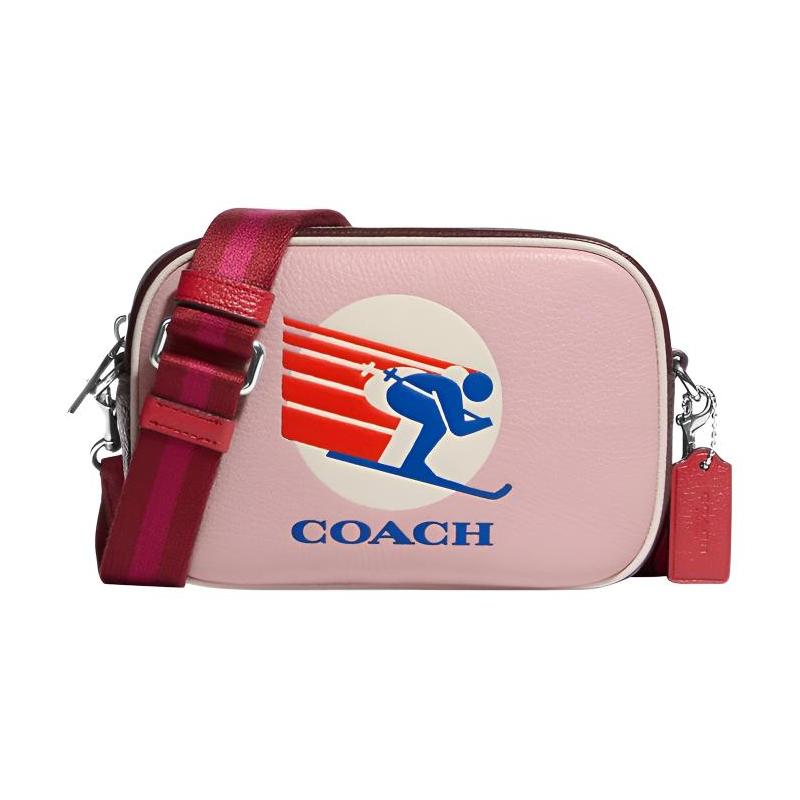

COACH crossbody bag Jamie 19 zip closure ski speed pattern removable adjustable shoulder strap refined pebbled leather camera shoulder mini women pink червоний