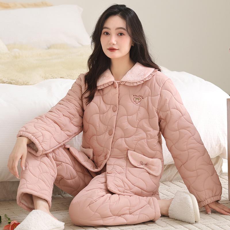 Three-layer Thickened Pajamas Women's Coral Fleece Padded Cotton Loose Warm Loungewear Flannel Fleece Winter Padded Jacket Set