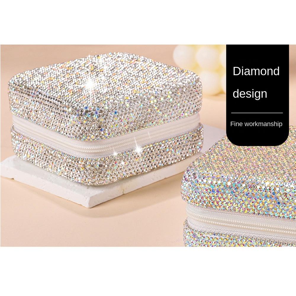 Luxury Bling Rhinestone Jewelry Box Double Layer Square Travel Earrings Storage Case Shiny Partition Portable Ring Holder Home