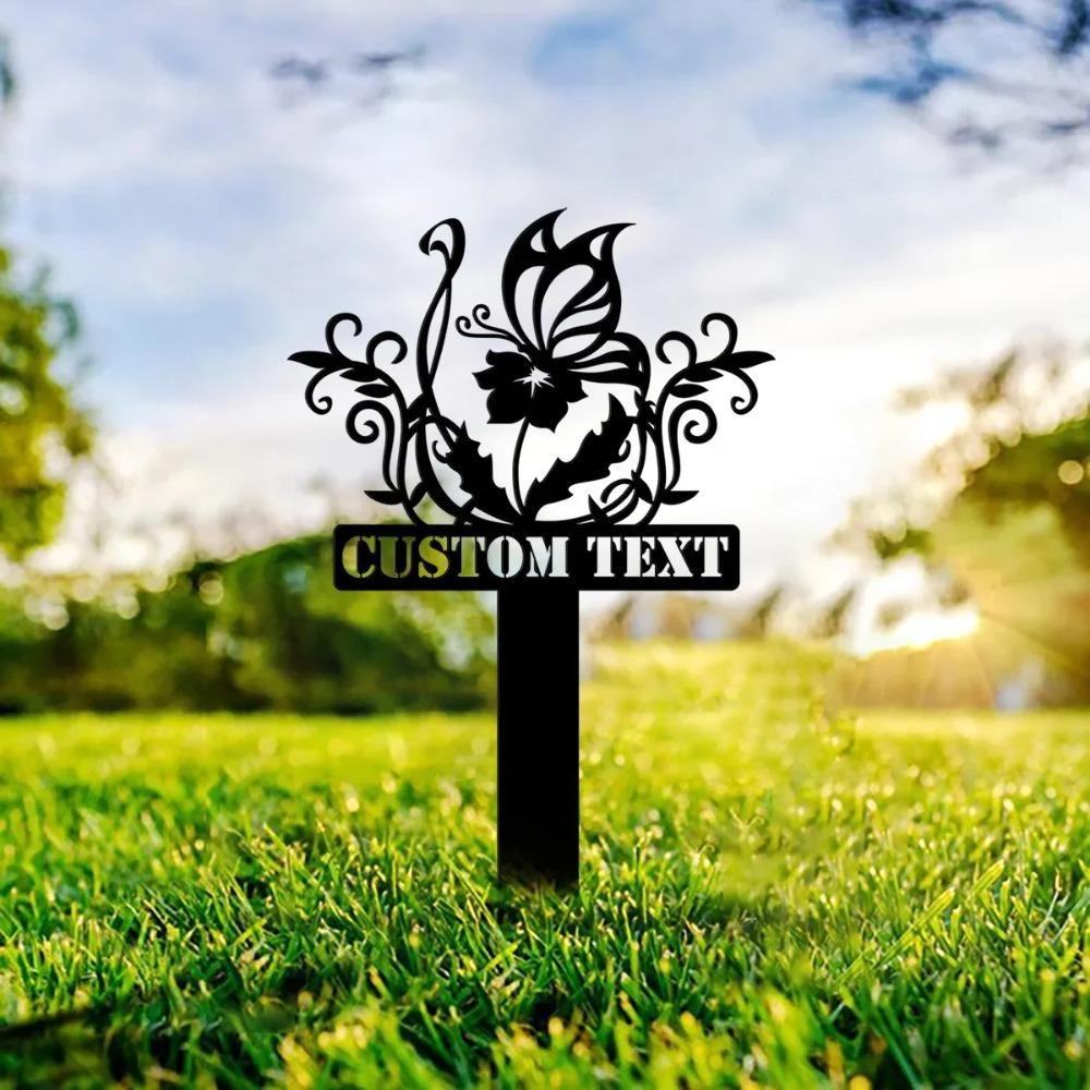 Butterfly Flower Metal Sign Garden Decor with Stake Personalized Yard Art Outdoor Wall Decor