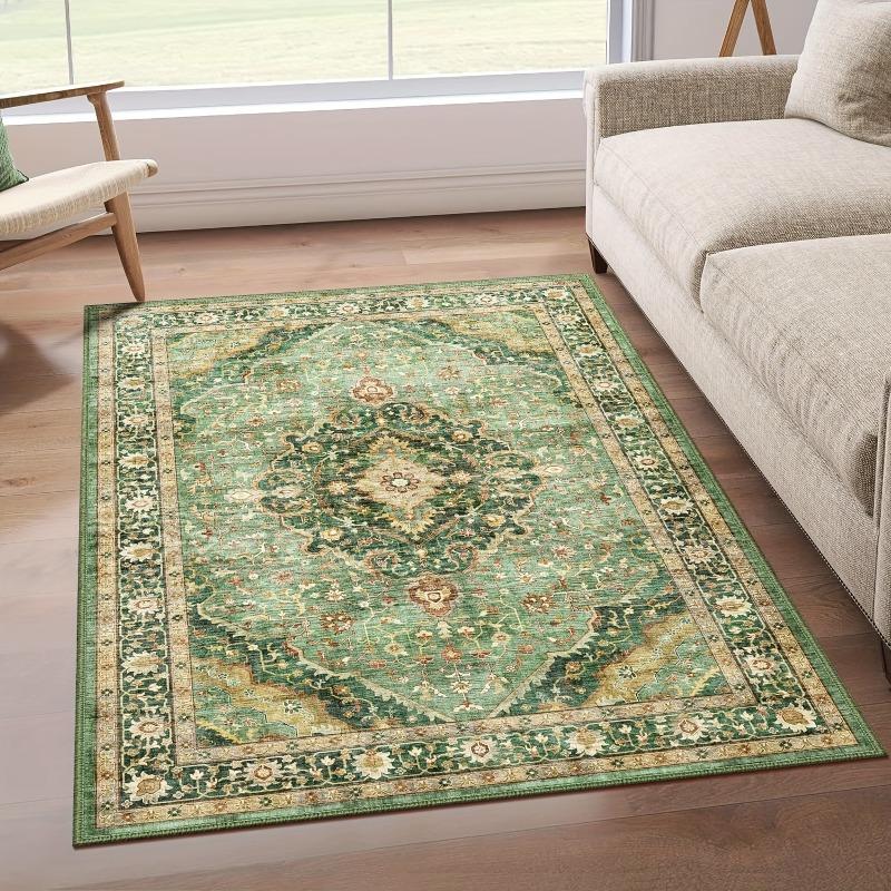 Large Bohemian Green Floral Area Mat, Holiday Home Accent | Floral Pattern Mat | Machinewashable Mat, Rugs for Living Room