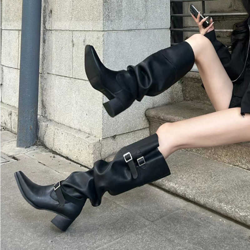 Large Tube Circumference Stacked Boots Women's Thick Heel But Knee Boots Autumn Belt Buckle Western Boots Fashion Boots