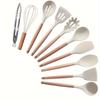 10 Pcs Silicone Cooking Utensil Set with Wooden Handles, Heat Resistant Non-Stick Kitchen Spatula Turner Spoon Tongs Whisk