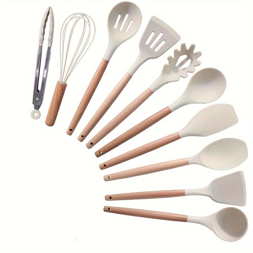 10 Pcs Silicone Cooking Utensil Set with Wooden Handles, Heat Resistant Non-Stick Kitchen Spatula Turner Spoon Tongs Whisk