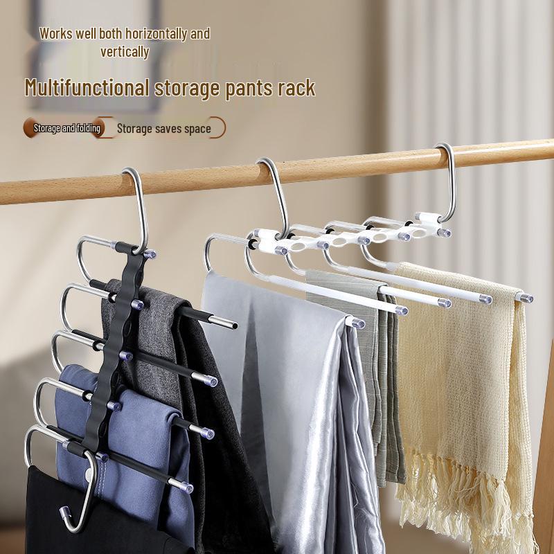 Versatile Multi-Layer Folding Clothes & Pants Rack, Use Horizontally/Vertically with Seamless Clips for Wardrobe & Scarves.