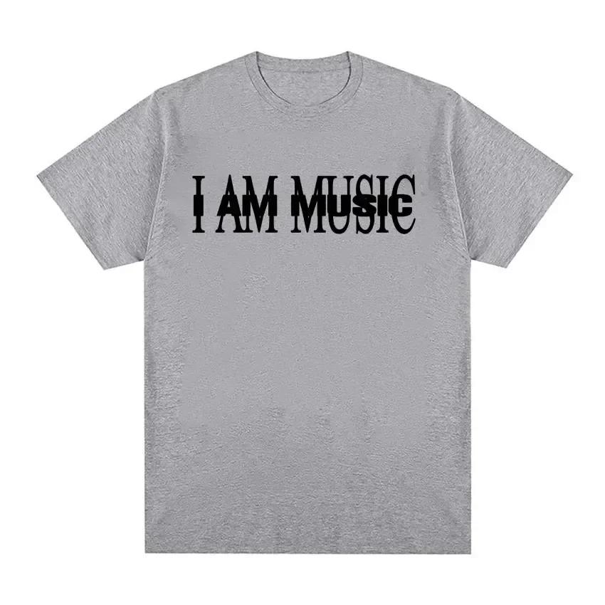 Men's I Am Music English Print 100% Pure Cotton Short-sleeved T-shirt, Street High-quality Clothing Top