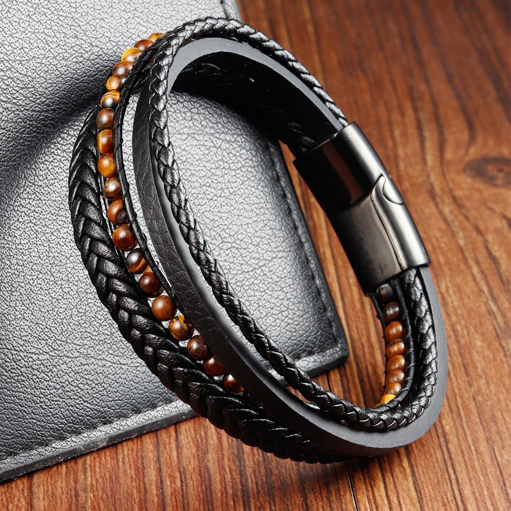 Fashion Rope Men Bracelet Double Layer Leather Bracelet Homme Stainless Steel Accessories for Lover Husband Jewelry Gift