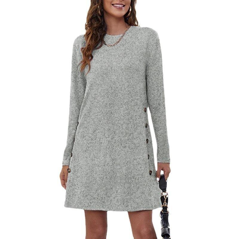 Vestido de punto de manga larga y largo medio de color liso para mujer, nuevo, de talla grande, para otoño