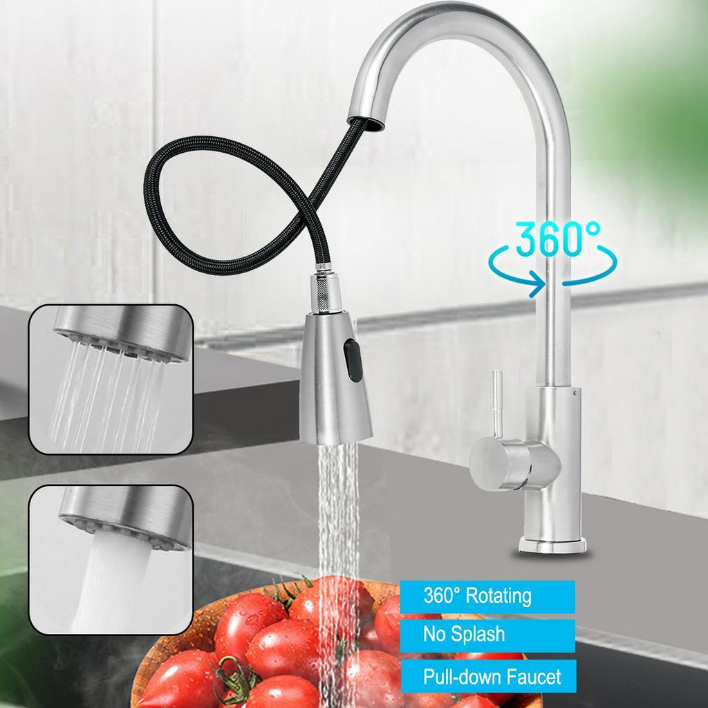 Kitchen Pull-Out Faucet Tap Mixer Spout Finish Brushed Swivel Spray Single Hole 360 Degree Brushed  Faucets Water Mixer Tap Silvery New