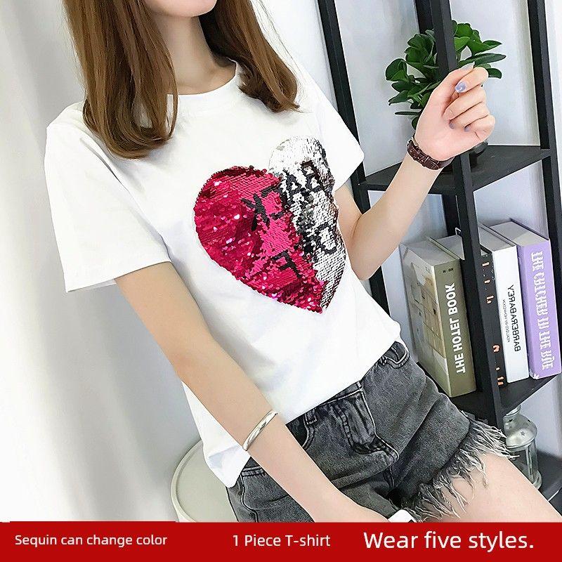 

European Station Instagram Heart Printing T-shirt Embroidery White 2XL