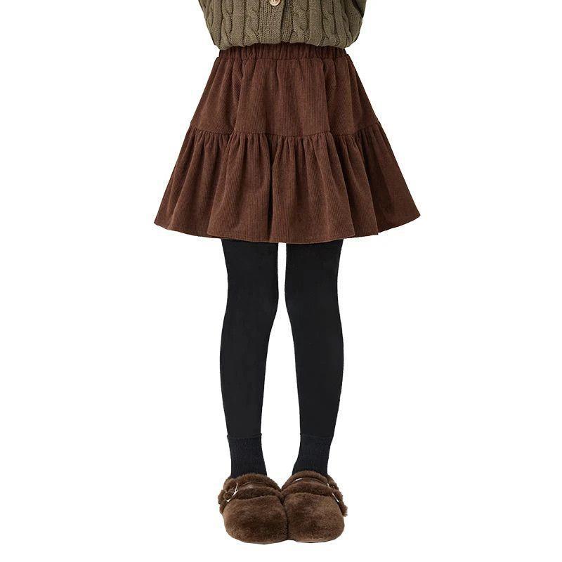 Teens School Girls Culottes Fleece Lined Skirt-Pants Winter Thickened Skirted Leggings Kids Fake Two-Piece Pleated Skirt Tights