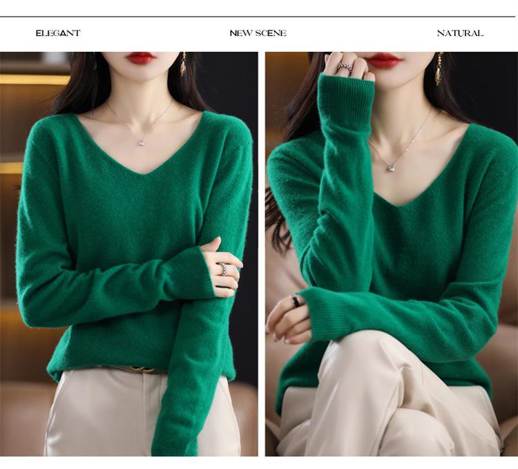 Women's Retro V-Neck 100% Wool Sweater – Seamless, Loose Fit, Autumn/Winter Commuting Essential