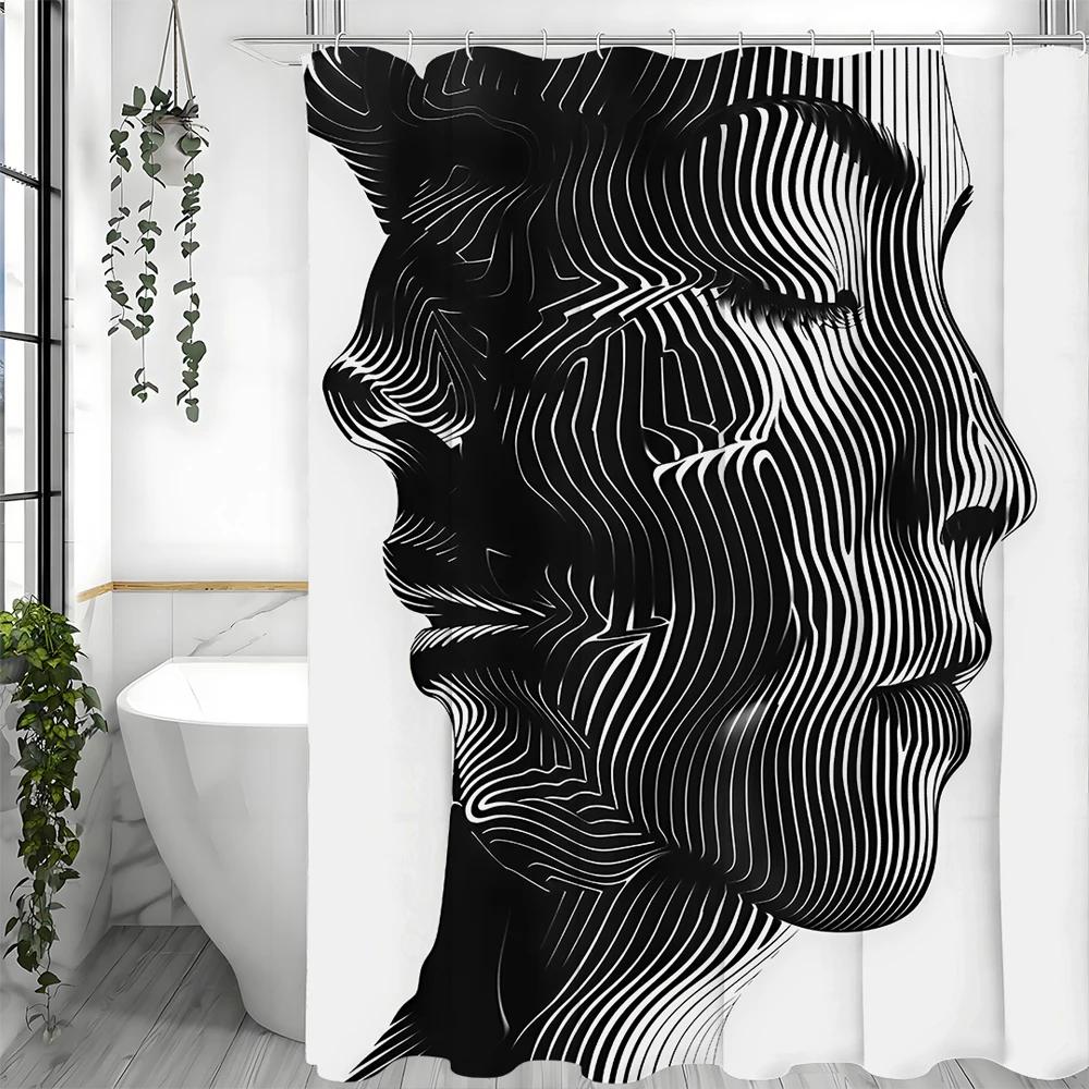 Moderní jednoduchý abstraktní portrét sprchový závěs, Dekorativní sprchový závěs do koupelny, Nepromokavý sprchový závěs s háčky
