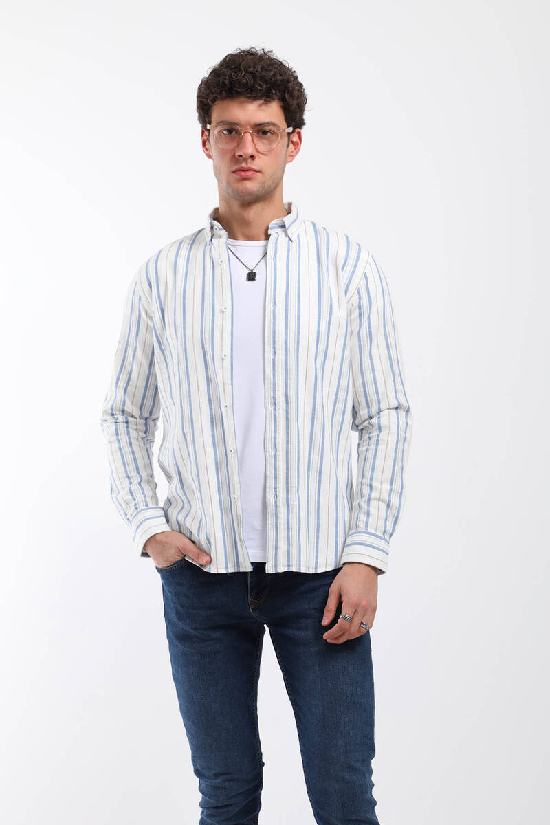 

Мужская рубашка с длинным рукавом с узором тонкая линия синяя XXL синий