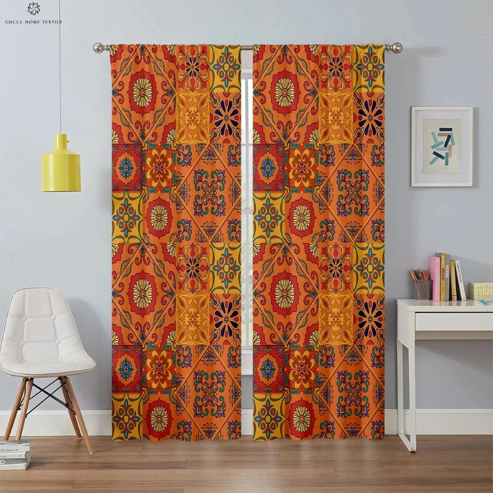 Bohemian Window Drapes with Colorful Pattern, Printed Curtain, Rod Pocket, Bedroom, Living Room, Study, Kitchen, 2 Pieces