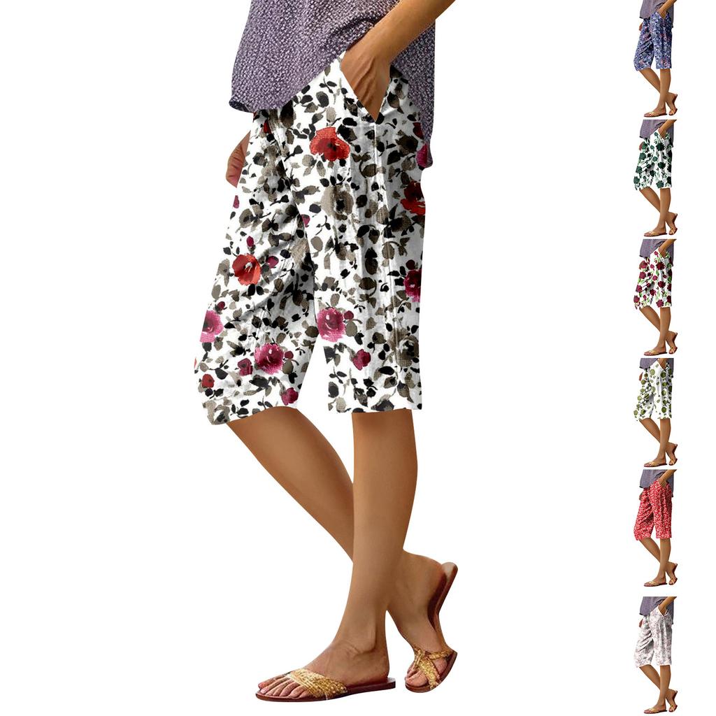 Dámské módní potištěné kapsy elastický pas ležérní 5/10 kalhoty