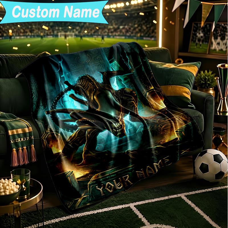 1PC Custom Name Blanket Alien Artwork Flannel Blankets Patterns Throw Blanket All-Season Soft Gift for Couch, Bed, Camping, Birthday Gifts