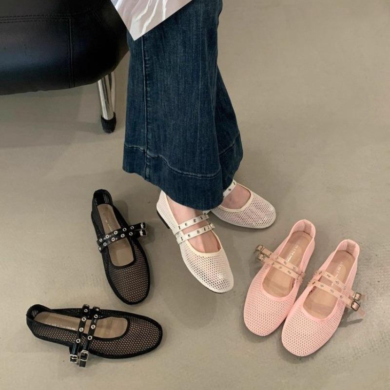 Fashion New Black Mesh Black Ballet Shoes Female Summer New Flat Hollow Mesh Breathable Single Shoe Fishnet Shoes Sandals