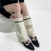 Women Korean Style Knitted Leg Warmers with Metal Button Elegant Turn Cuff Striped Boot Covers Flared Slouchy Calf Socks  Gray