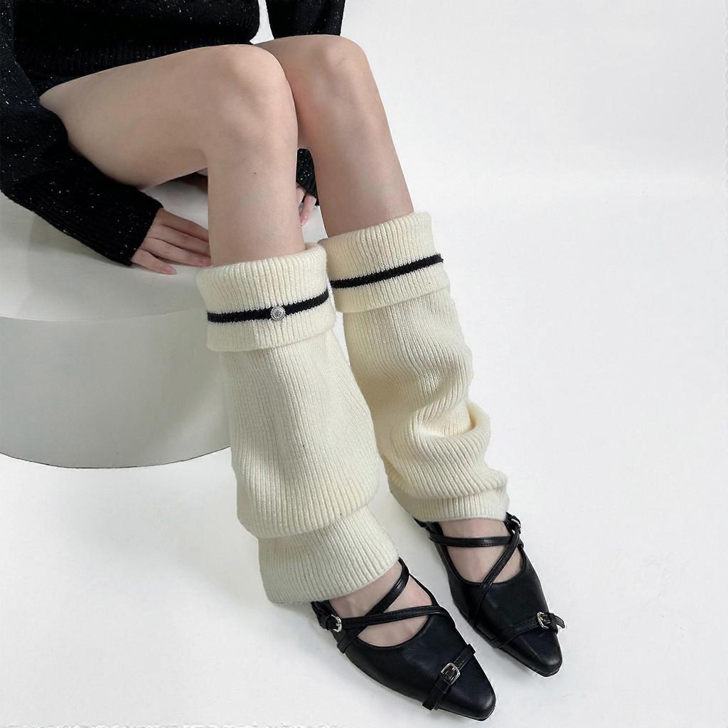 Women Korean Style Knitted Leg Warmers with Metal Button Elegant Turn Cuff Striped Boot Covers Flared Slouchy Calf Socks  Gray