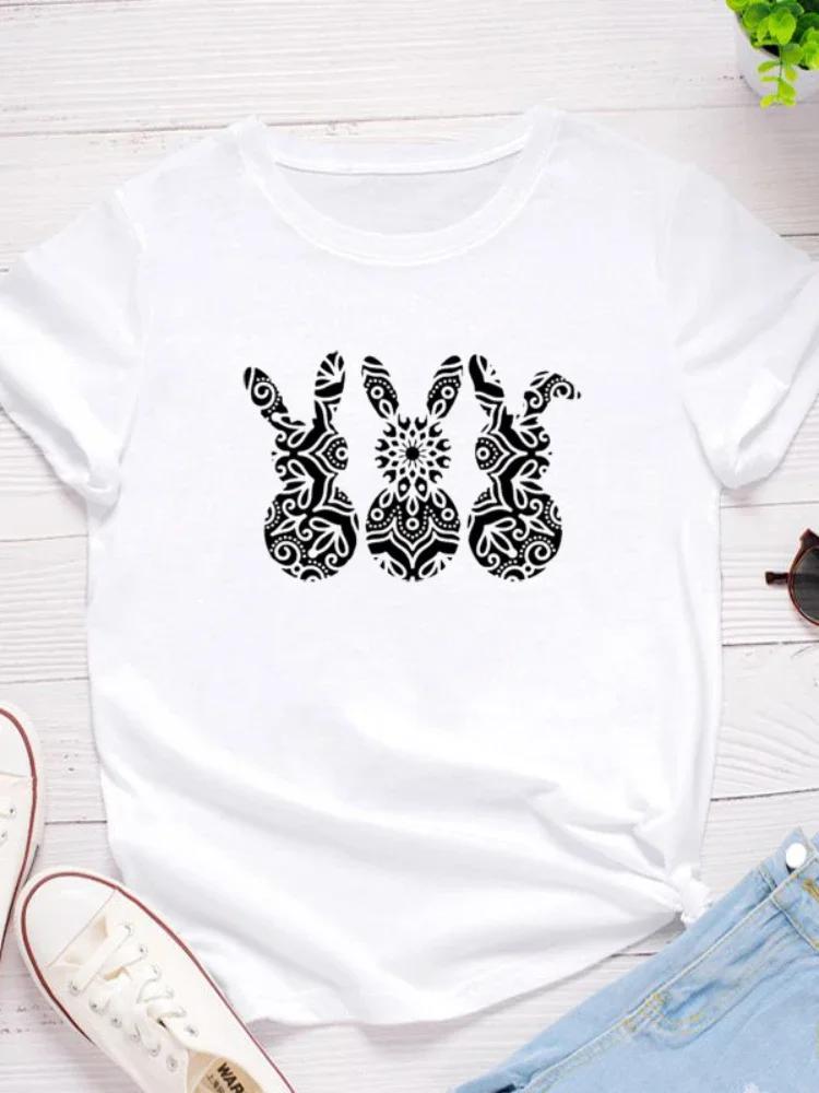 Dámské tričko s potiskem králíka a zajíčka s krátkým rukávem a výstřihem do O-neck, volné dámské tričko s krátkým rukávem a topy